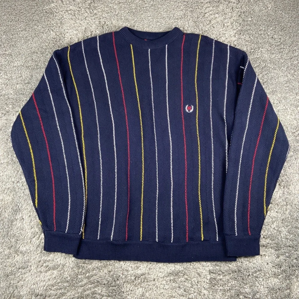 Vintage Ralph Lauren Chaps Sweater Mens M Navy Blue Stripe Herringbone Knit USA